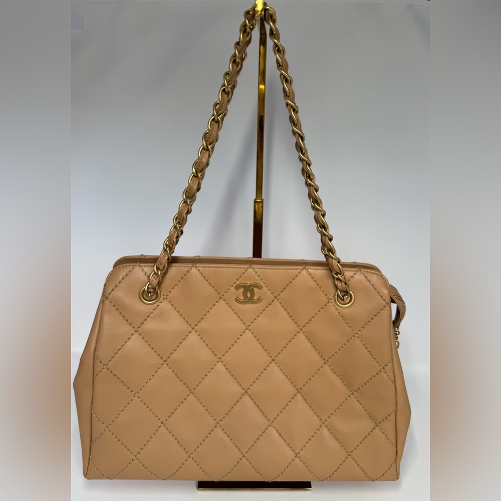 Authentic CHANEL Crown Shoulder Tote Bag Beige